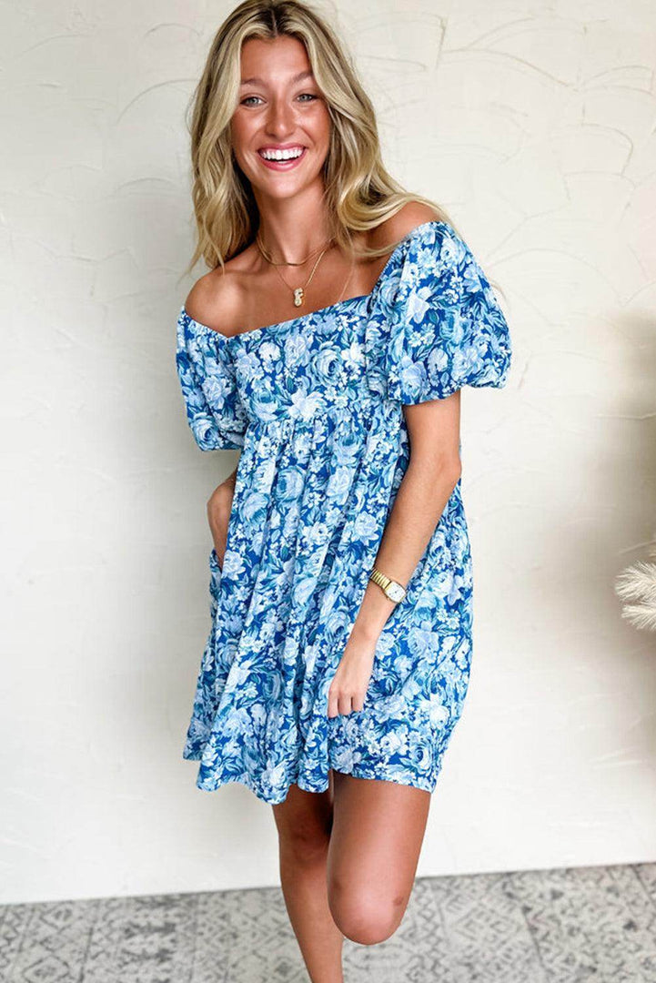 Blue Floral Puff Sleeve Babydoll Mini Dress - Fashion Queen -  9