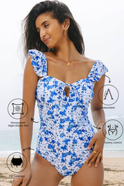 Blue Floral Ruffled Strap Lace-up Hollow Out One Piece Swimsuit - Fashion Queen -  1