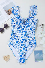 Load image into Gallery viewer, Blue Floral Ruffled Strap Lace-up Hollow Out One Piece Swimsuit - Fashion Queen -  11
