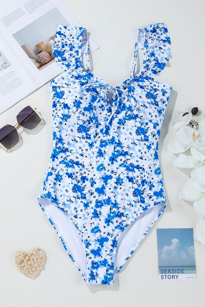 Blue Floral Ruffled Strap Lace-up Hollow Out One Piece Swimsuit - Fashion Queen -  11