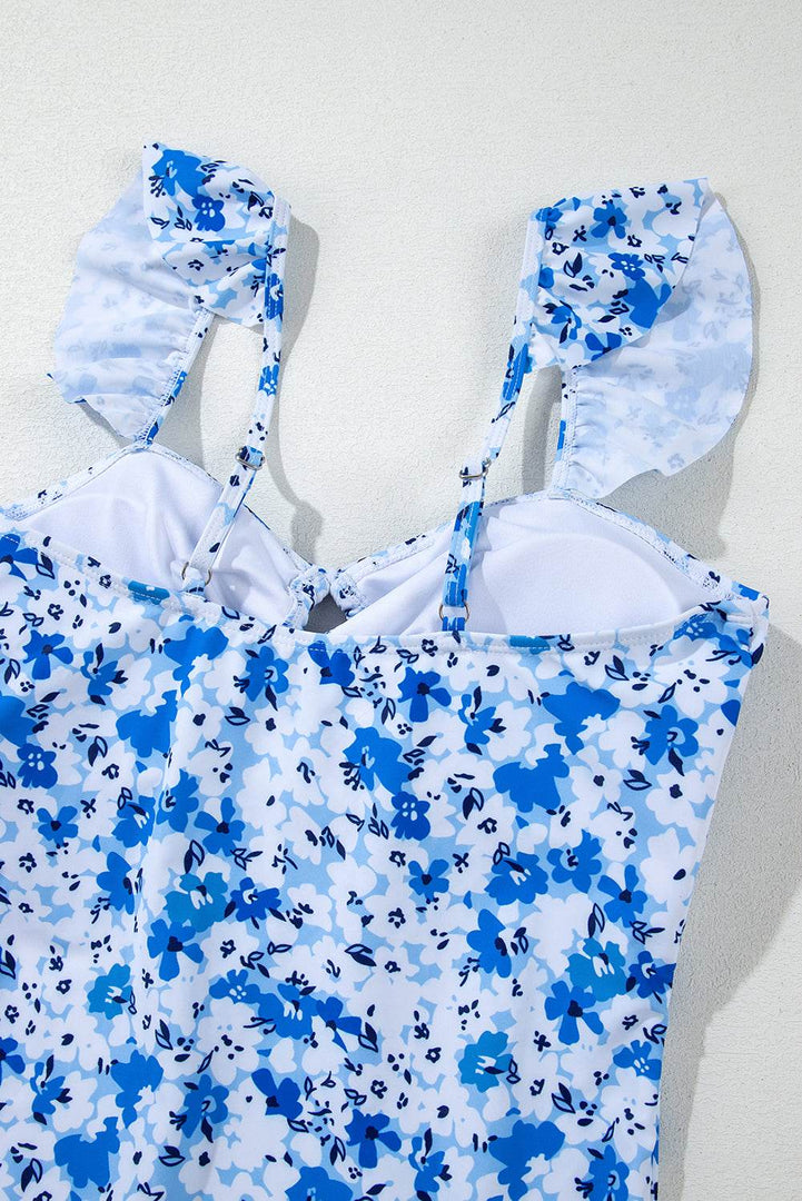 Blue Floral Ruffled Strap Lace-up Hollow Out One Piece Swimsuit - Fashion Queen -  13