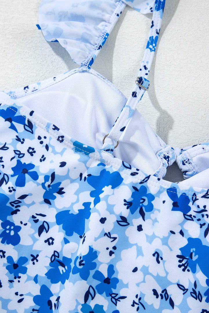 Blue Floral Ruffled Strap Lace-up Hollow Out One Piece Swimsuit - Fashion Queen -  14