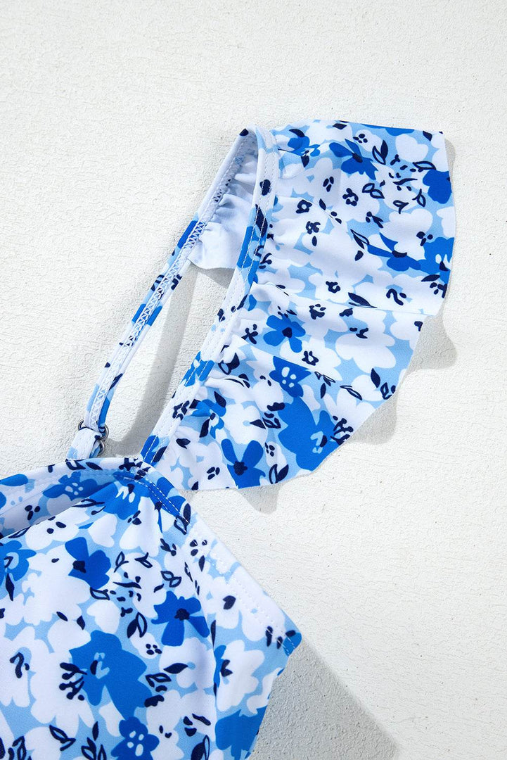 Blue Floral Ruffled Strap Lace-up Hollow Out One Piece Swimsuit - Fashion Queen -  18