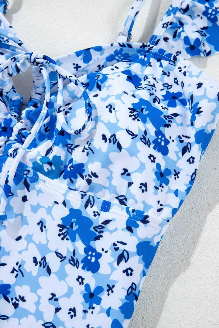 Blue Floral Ruffled Strap Lace-up Hollow Out One Piece Swimsuit - Fashion Queen -  19
