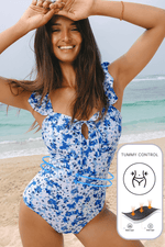 Load image into Gallery viewer, Blue Floral Ruffled Strap Lace-up Hollow Out One Piece Swimsuit - Fashion Queen -  2
