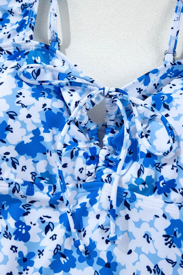 Blue Floral Ruffled Strap Lace-up Hollow Out One Piece Swimsuit - Fashion Queen -  20