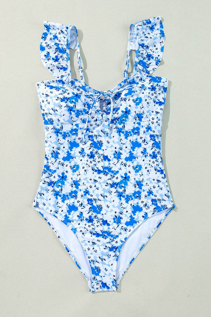 Blue Floral Ruffled Strap Lace-up Hollow Out One Piece Swimsuit - Fashion Queen -  28