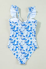 Load image into Gallery viewer, Blue Floral Ruffled Strap Lace-up Hollow Out One Piece Swimsuit - Fashion Queen -  29
