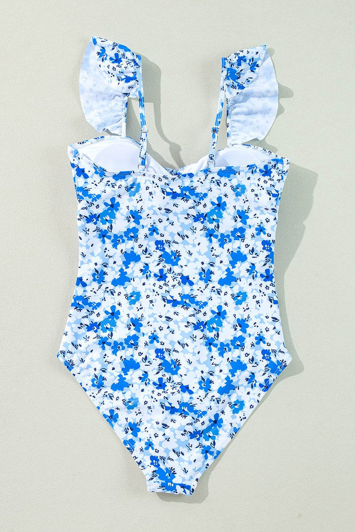 Blue Floral Ruffled Strap Lace-up Hollow Out One Piece Swimsuit - Fashion Queen -  29