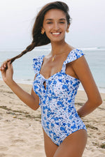 Load image into Gallery viewer, Blue Floral Ruffled Strap Lace-up Hollow Out One Piece Swimsuit - Fashion Queen -  5
