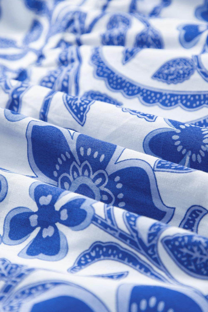 Blue Flower Print Puff Sleeve Tiered Dress - Fashion Queen -  4
