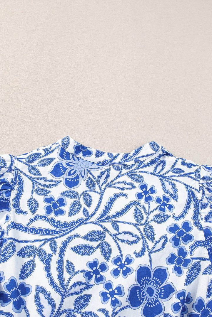 Blue Flower Print Puff Sleeve Tiered Dress - Fashion Queen -  7