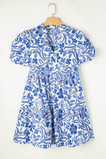 Load image into Gallery viewer, Blue Flower Print Puff Sleeve Tiered Dress - Fashion Queen -  8
