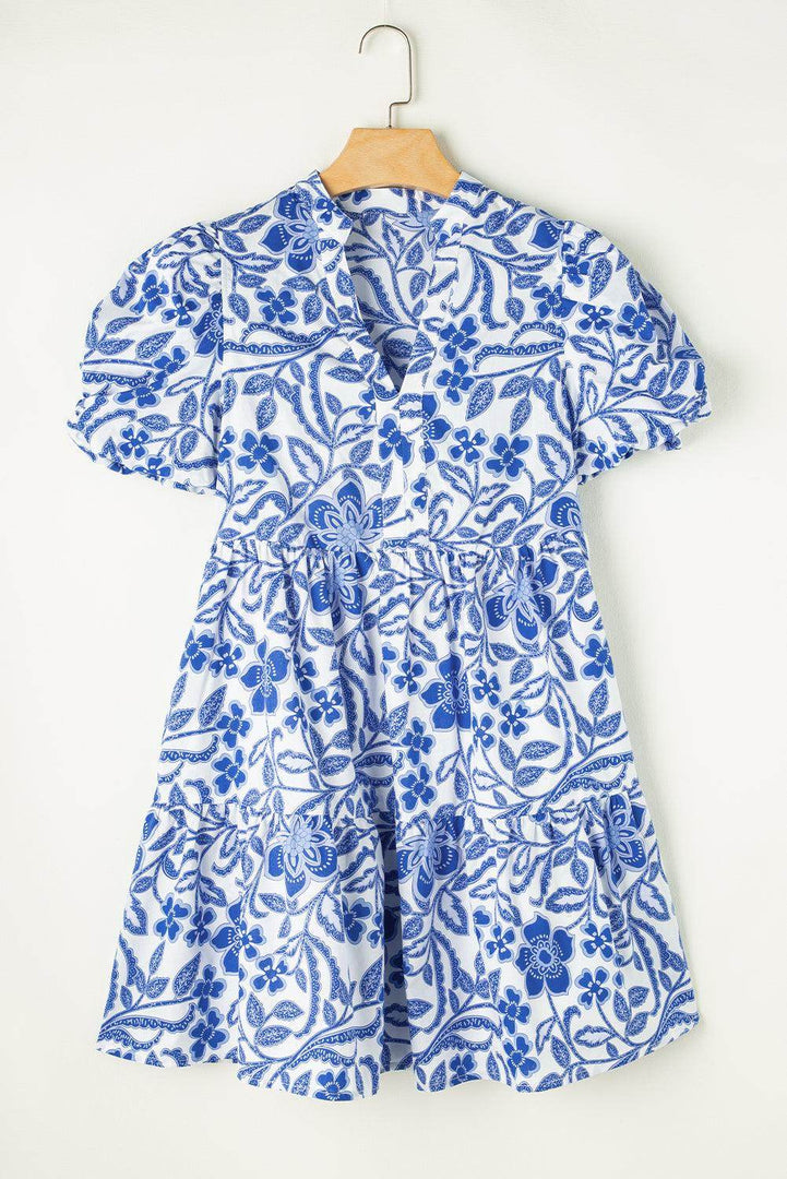 Blue Flower Print Puff Sleeve Tiered Dress - Fashion Queen -  8