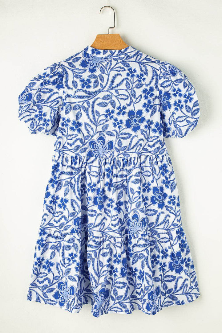 Blue Flower Print Puff Sleeve Tiered Dress - Fashion Queen -  9