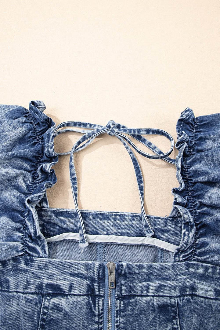 Blue Frilly Square Neck Bustier Puff Sleeve Short Denim Dress - Fashion Queen -  10