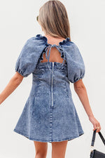 Load image into Gallery viewer, Blue Frilly Square Neck Bustier Puff Sleeve Short Denim Dress - Fashion Queen -  14
