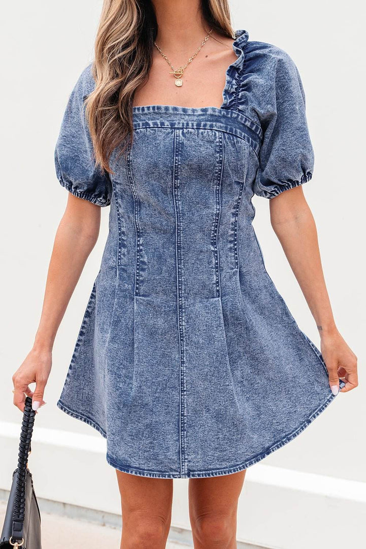 Blue Frilly Square Neck Bustier Puff Sleeve Short Denim Dress - Fashion Queen -  17