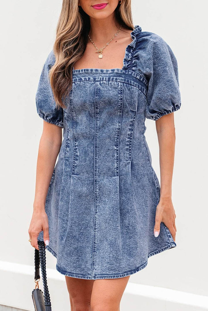 Blue Frilly Square Neck Bustier Puff Sleeve Short Denim Dress - Fashion Queen -  19