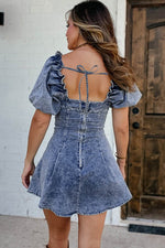 Load image into Gallery viewer, Blue Frilly Square Neck Bustier Puff Sleeve Short Denim Dress - Fashion Queen -  2
