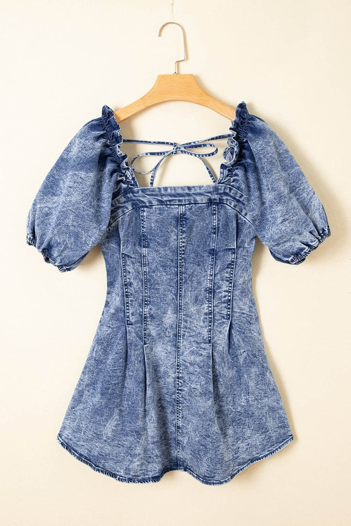 Blue Frilly Square Neck Bustier Puff Sleeve Short Denim Dress - Fashion Queen -  6