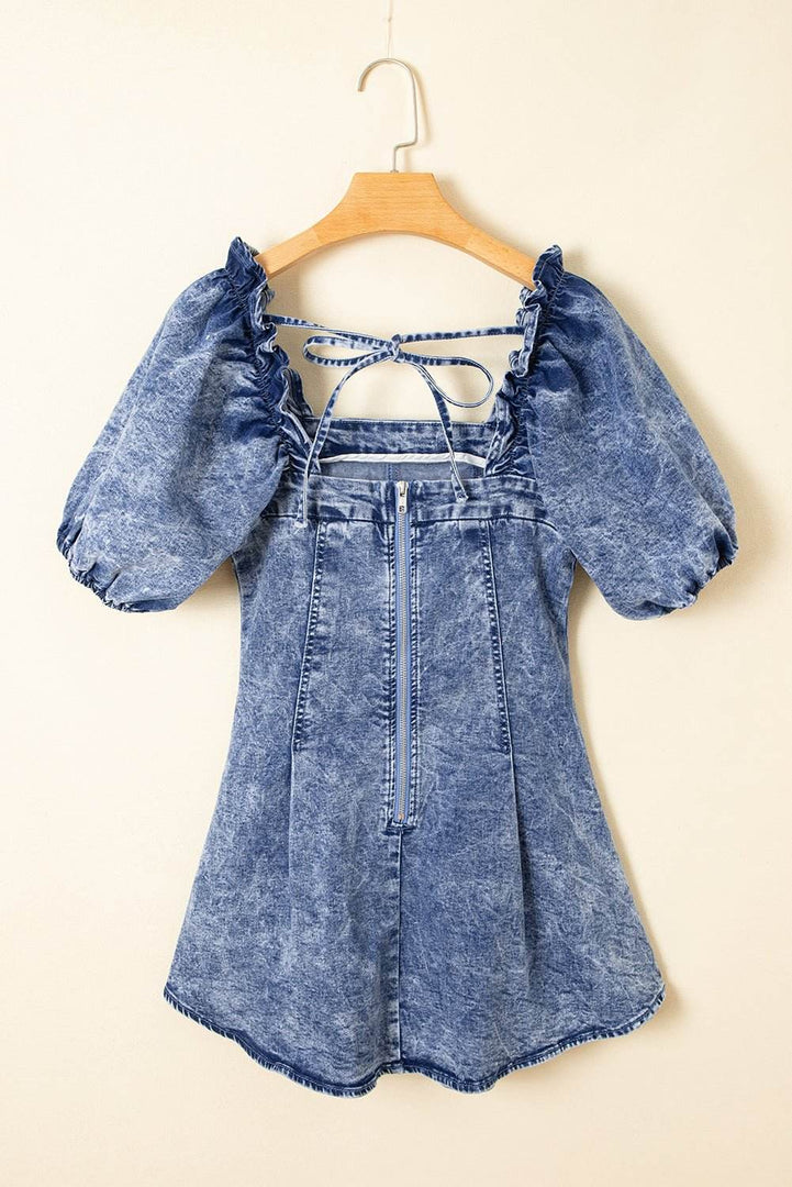 Blue Frilly Square Neck Bustier Puff Sleeve Short Denim Dress - Fashion Queen -  7