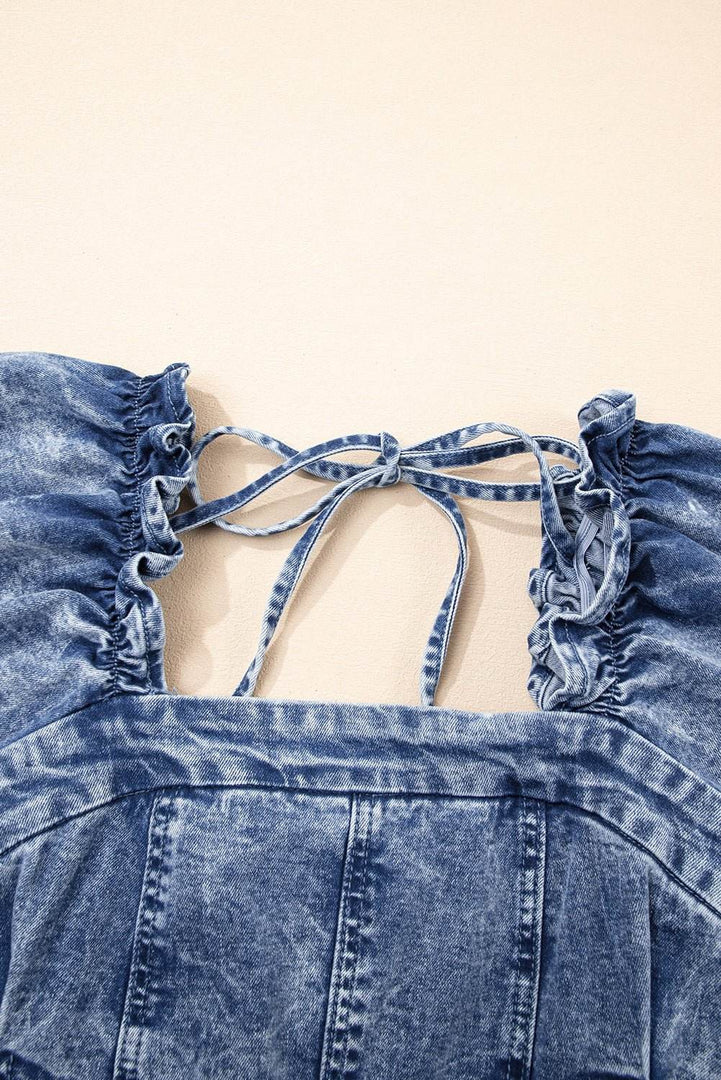 Blue Frilly Square Neck Bustier Puff Sleeve Short Denim Dress - Fashion Queen -  8