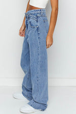 Load image into Gallery viewer, Blue Mid Rise Asymmetrical Waist Wide Leg Jeans - Fashion Queen -  1
