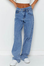 Load image into Gallery viewer, Blue Mid Rise Asymmetrical Waist Wide Leg Jeans - Fashion Queen -  3
