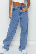 Load image into Gallery viewer, Blue Mid Rise Asymmetrical Waist Wide Leg Jeans - Fashion Queen -  4
