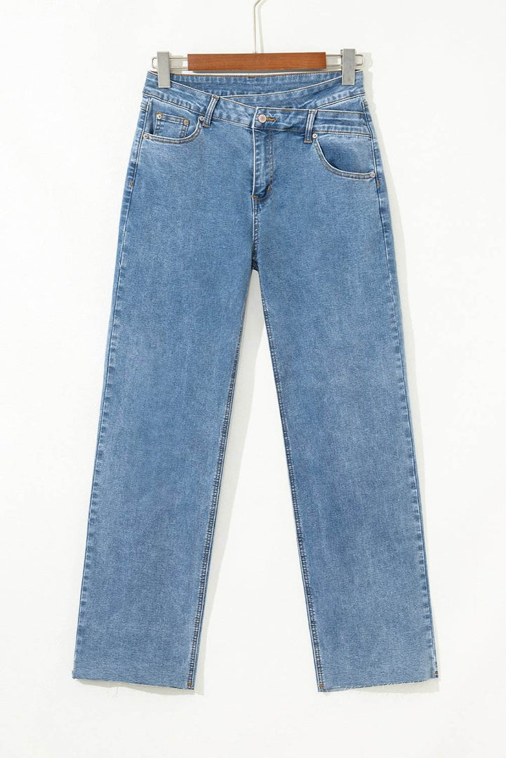 Blue Mid Rise Asymmetrical Waist Wide Leg Jeans - Fashion Queen -  5