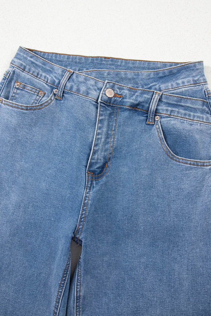 Blue Mid Rise Asymmetrical Waist Wide Leg Jeans - Fashion Queen -  7
