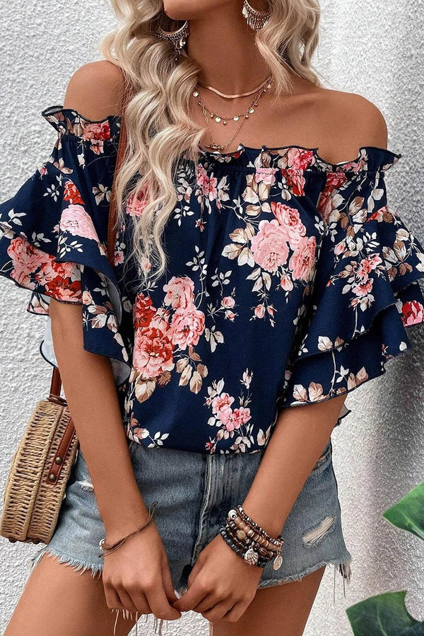 Blue Ruffle Off Shoulder Flounce Sleeve Floral Blouse - Fashion Queen -  1