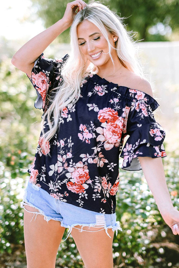 Blue Ruffle Off Shoulder Flounce Sleeve Floral Blouse - Fashion Queen -  10