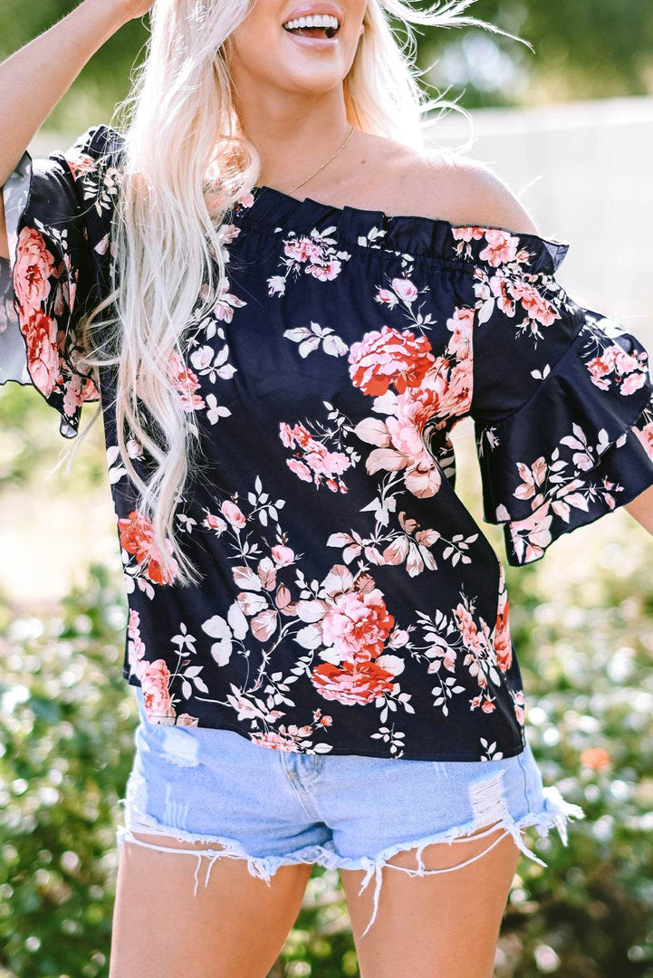 Blue Ruffle Off Shoulder Flounce Sleeve Floral Blouse - Fashion Queen -  14