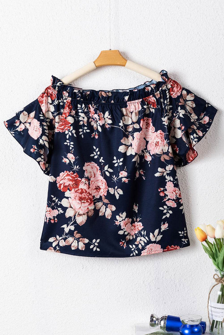 Blue Ruffle Off Shoulder Flounce Sleeve Floral Blouse - Fashion Queen -  15