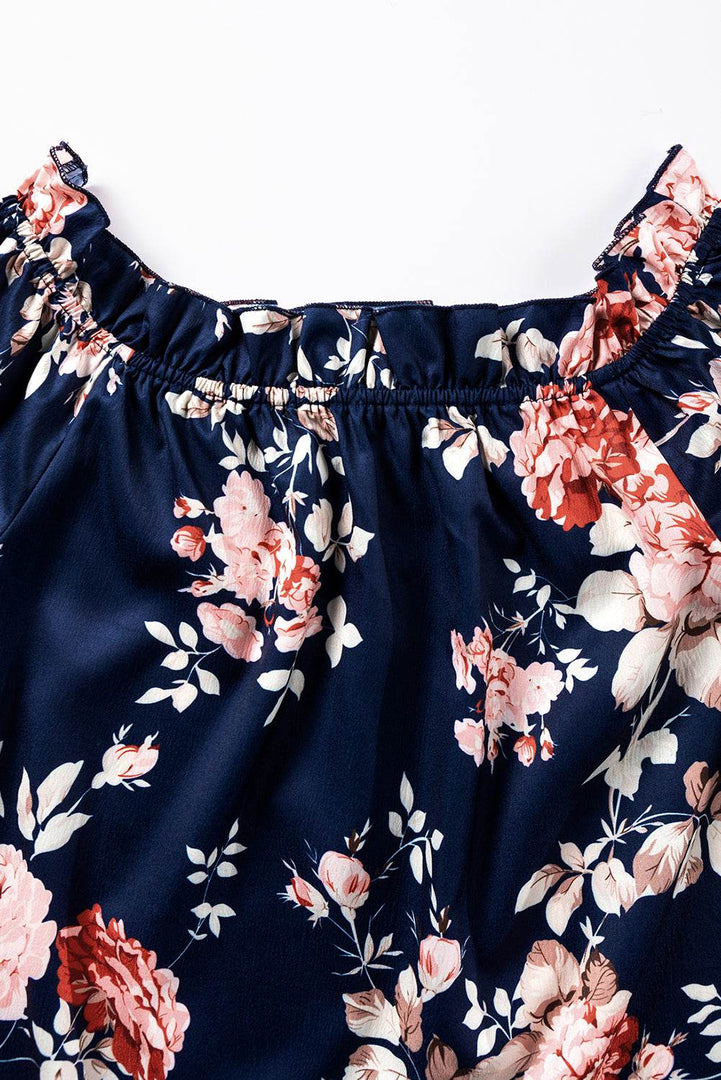 Blue Ruffle Off Shoulder Flounce Sleeve Floral Blouse - Fashion Queen -  17