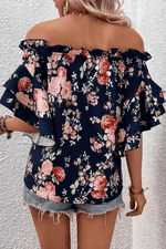 Load image into Gallery viewer, Blue Ruffle Off Shoulder Flounce Sleeve Floral Blouse - Fashion Queen -  2
