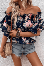 Load image into Gallery viewer, Blue Ruffle Off Shoulder Flounce Sleeve Floral Blouse - Fashion Queen -  3
