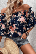 Load image into Gallery viewer, Blue Ruffle Off Shoulder Flounce Sleeve Floral Blouse - Fashion Queen -  4
