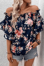 Load image into Gallery viewer, Blue Ruffle Off Shoulder Flounce Sleeve Floral Blouse - Fashion Queen -  5
