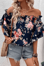 Load image into Gallery viewer, Blue Ruffle Off Shoulder Flounce Sleeve Floral Blouse - Fashion Queen -  6
