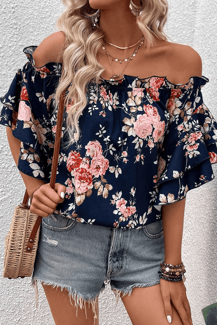 Blue Ruffle Off Shoulder Flounce Sleeve Floral Blouse - Fashion Queen -  6