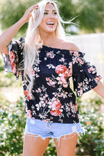Load image into Gallery viewer, Blue Ruffle Off Shoulder Flounce Sleeve Floral Blouse - Fashion Queen -  7
