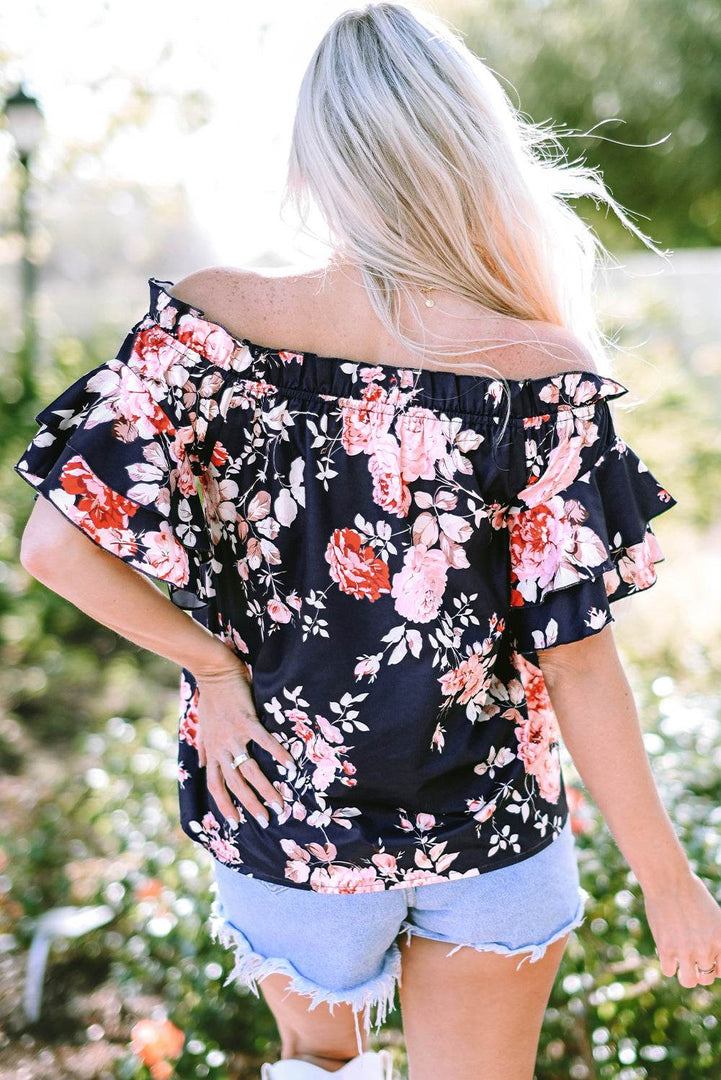 Blue Ruffle Off Shoulder Flounce Sleeve Floral Blouse - Fashion Queen -  8
