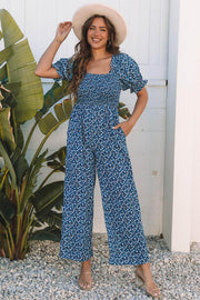 Blue Vintage Boho Floral Smocked Short Puff Sleeve Wide Leg Jumpsuit - Fashion Queen -  1