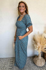 Load image into Gallery viewer, Blue Vintage Boho Floral Smocked Short Puff Sleeve Wide Leg Jumpsuit - Fashion Queen -  10
