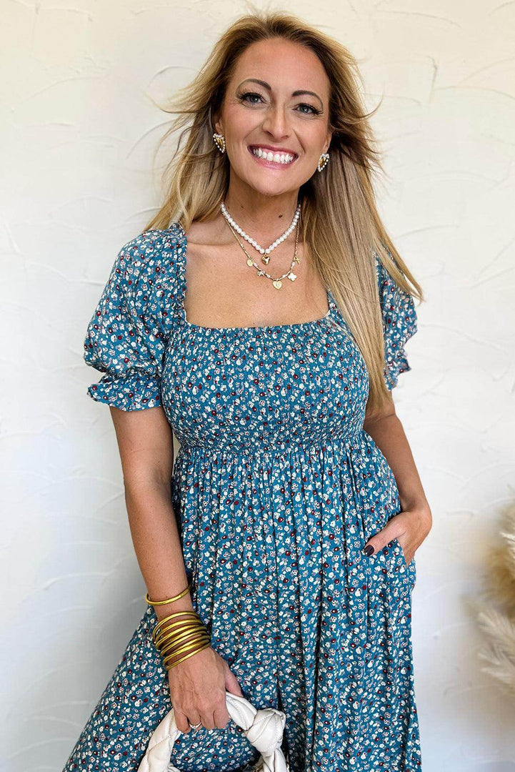 Blue Vintage Boho Floral Smocked Short Puff Sleeve Wide Leg Jumpsuit - Fashion Queen -  11