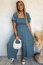 Load image into Gallery viewer, Blue Vintage Boho Floral Smocked Short Puff Sleeve Wide Leg Jumpsuit - Fashion Queen -  12
