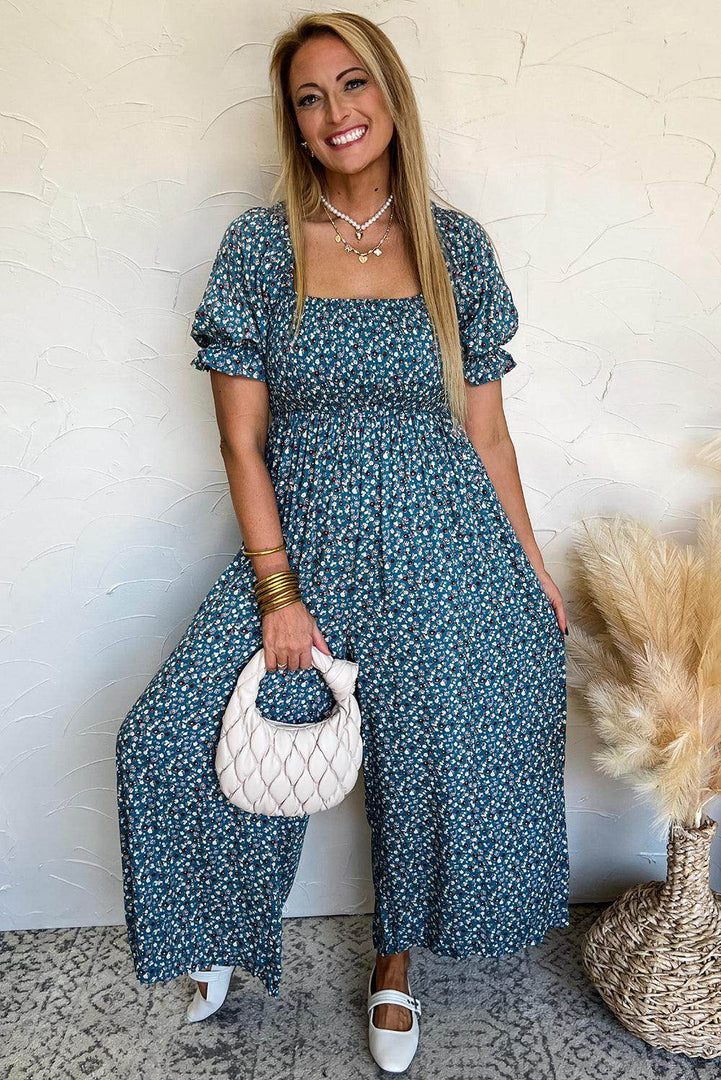 Blue Vintage Boho Floral Smocked Short Puff Sleeve Wide Leg Jumpsuit - Fashion Queen -  12